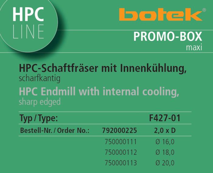 Promo-Box - HPC Schaftfräser mit Innenkühlung, F427-01, 16,00 - 20,00 mm, 2,0 x Ø