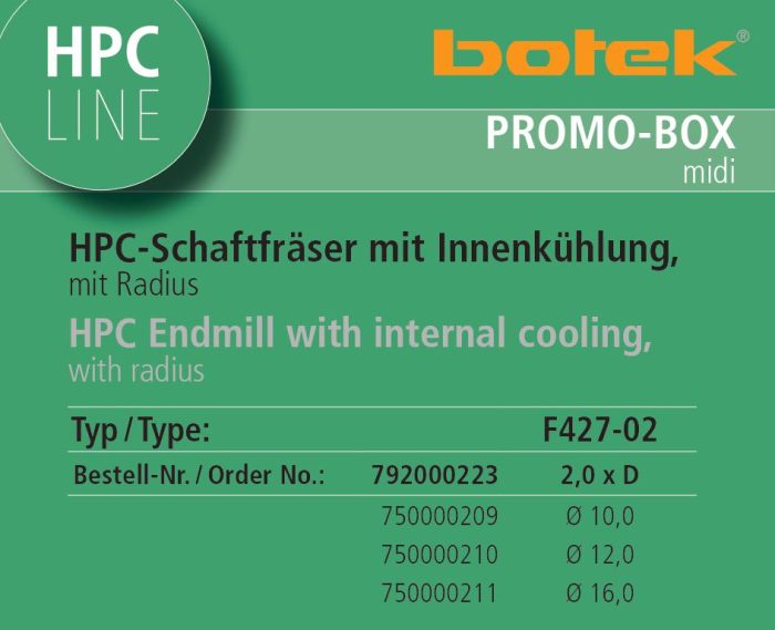 Promo-Box - HPC Schaftfräser mit Innenkühlung, F427-02, 10,00 - 16,00 mm, 2,0 x Ø
