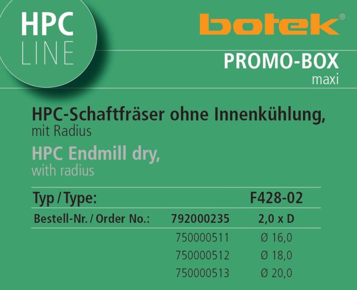 Promo-Box - Fraises en bout HPC sans lubrification intérieure, F428-02, 16,00 - 20,00 mm, 2,0 x Ø