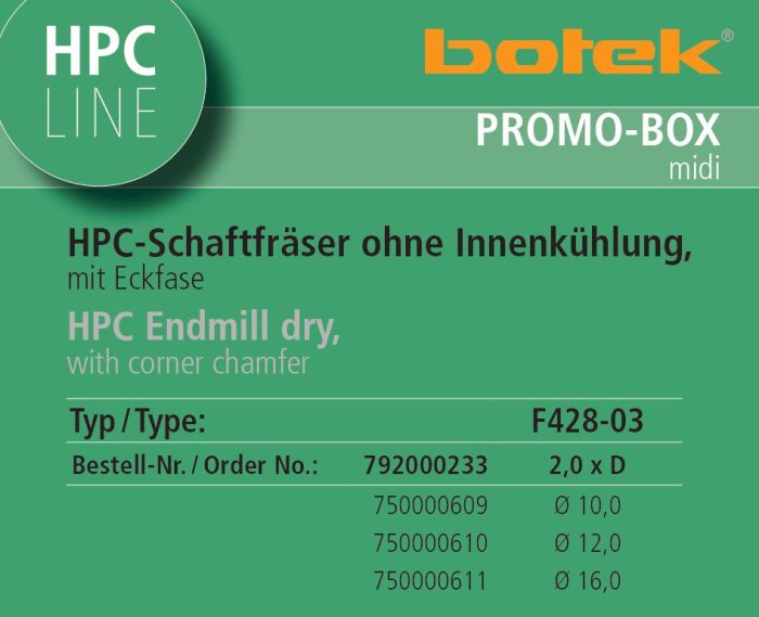 Promo-Box - Fraises en bout HPC sans lubrification intérieure, F428-03, 10,00 - 16,00 mm, 2,0 x Ø