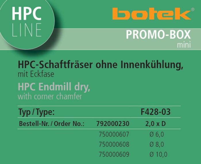 Promo-Box - Fraises en bout HPC sans lubrification intérieure, F428-03, 6,00 - 10,00 mm, 2,0 x Ø